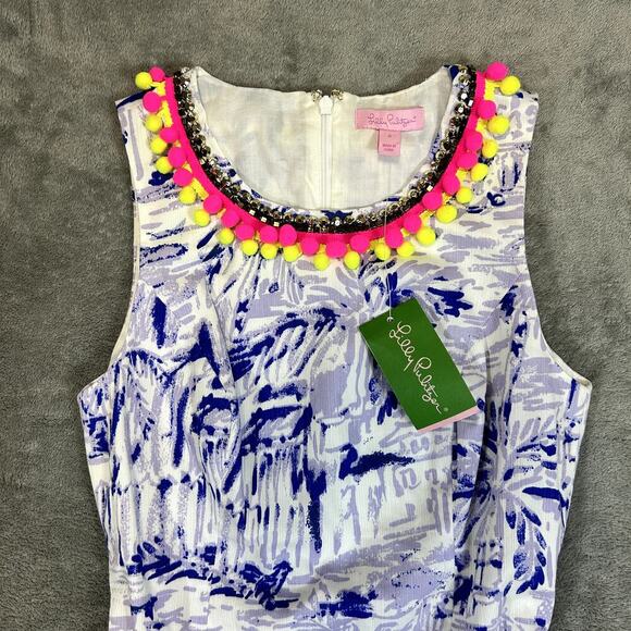 Lily Pulitzer Dress NWT Size 0 Purple Palm Print Pom Pom Trim Neckline - Picture 2 of 11